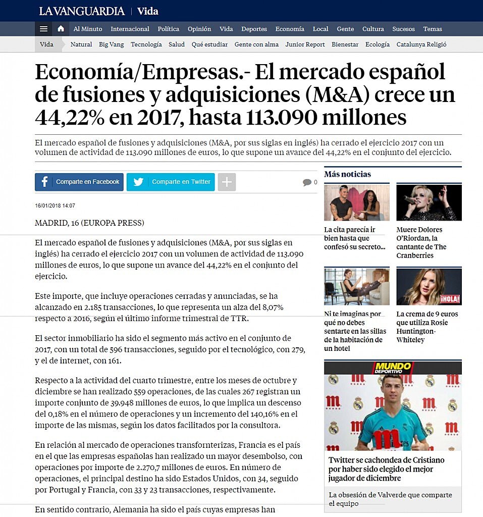 El mercado espaol de fusiones y adquisiciones (M&A) crece un 44,22% en 2017, hasta 113.090 millones